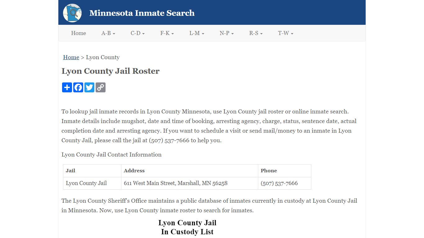 Lyon County Jail Roster - Minnesota Inmate Search